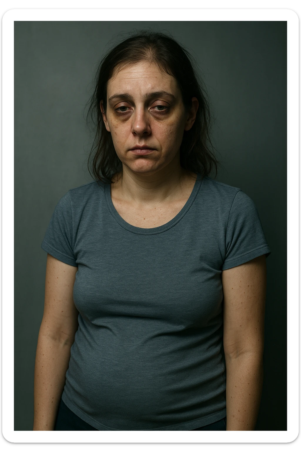 realistic portrait of a fatigued woman with PCOS, visible symptoms such as dull skin, pronounced dark circles, thin hair, abdominal bloating, tired posture, clinical style, dramatic lighting, vertical 2:3 aspect ratio, no text sticker