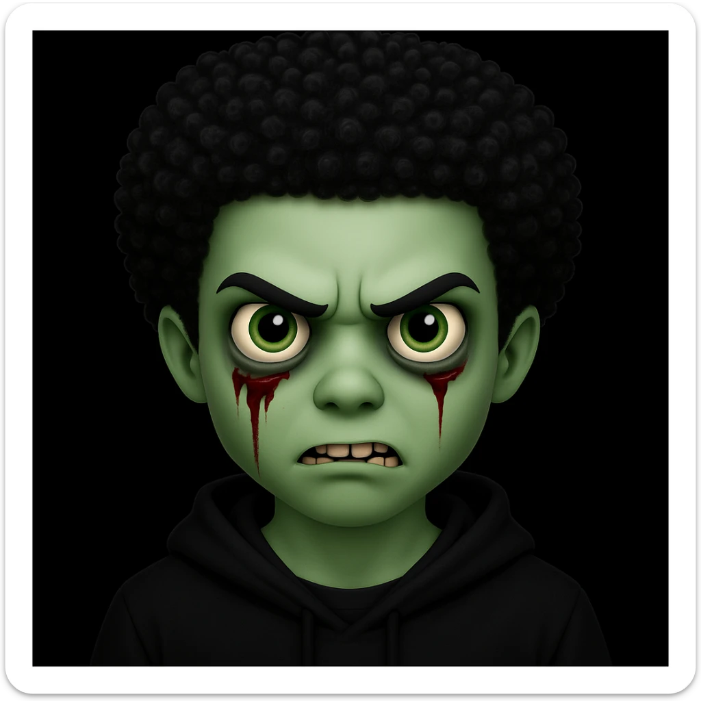 Change the hair to a Black hairstyle with tight curls or afro and add a black hoodie. Keep the boy zombie's green skin, emo vibe, and creepy expression. sticker