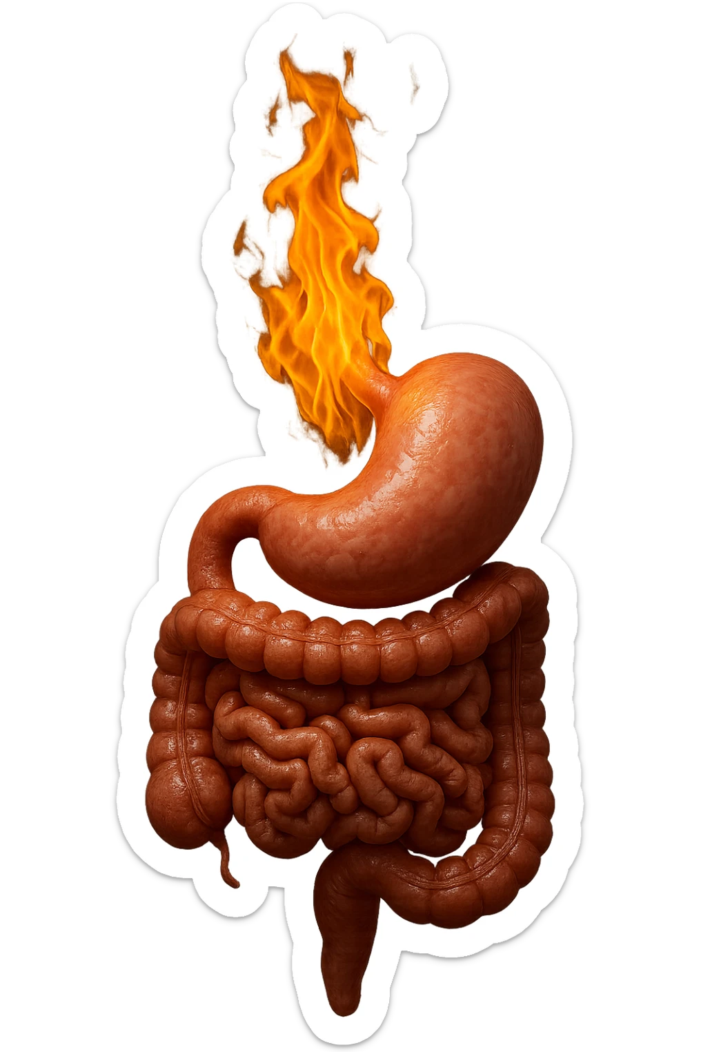 intestino e stomaco sono collegati, con una fiamma che brucia sopra, iperrealistico 4k, non disegnato sticker