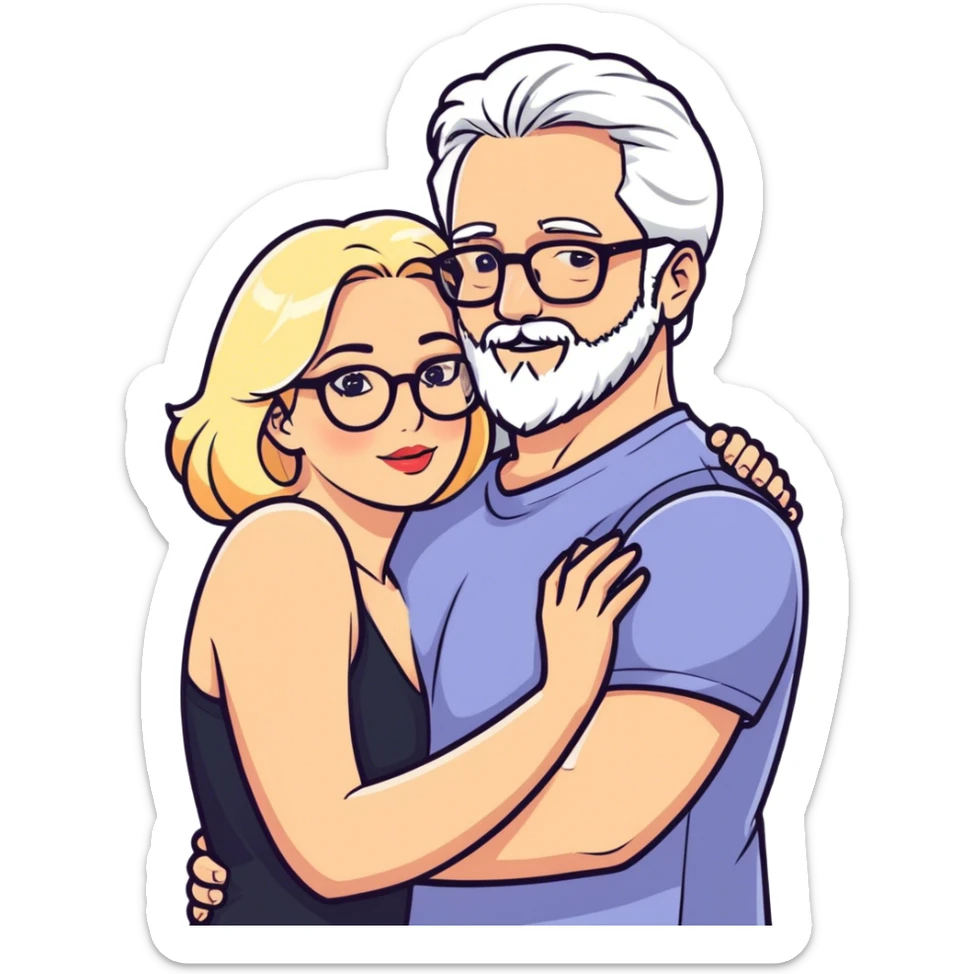 Hyper realistic couple in love, man had grey hair and a beard. The lady is blonde and curvy and wears glasses and makeup sticker