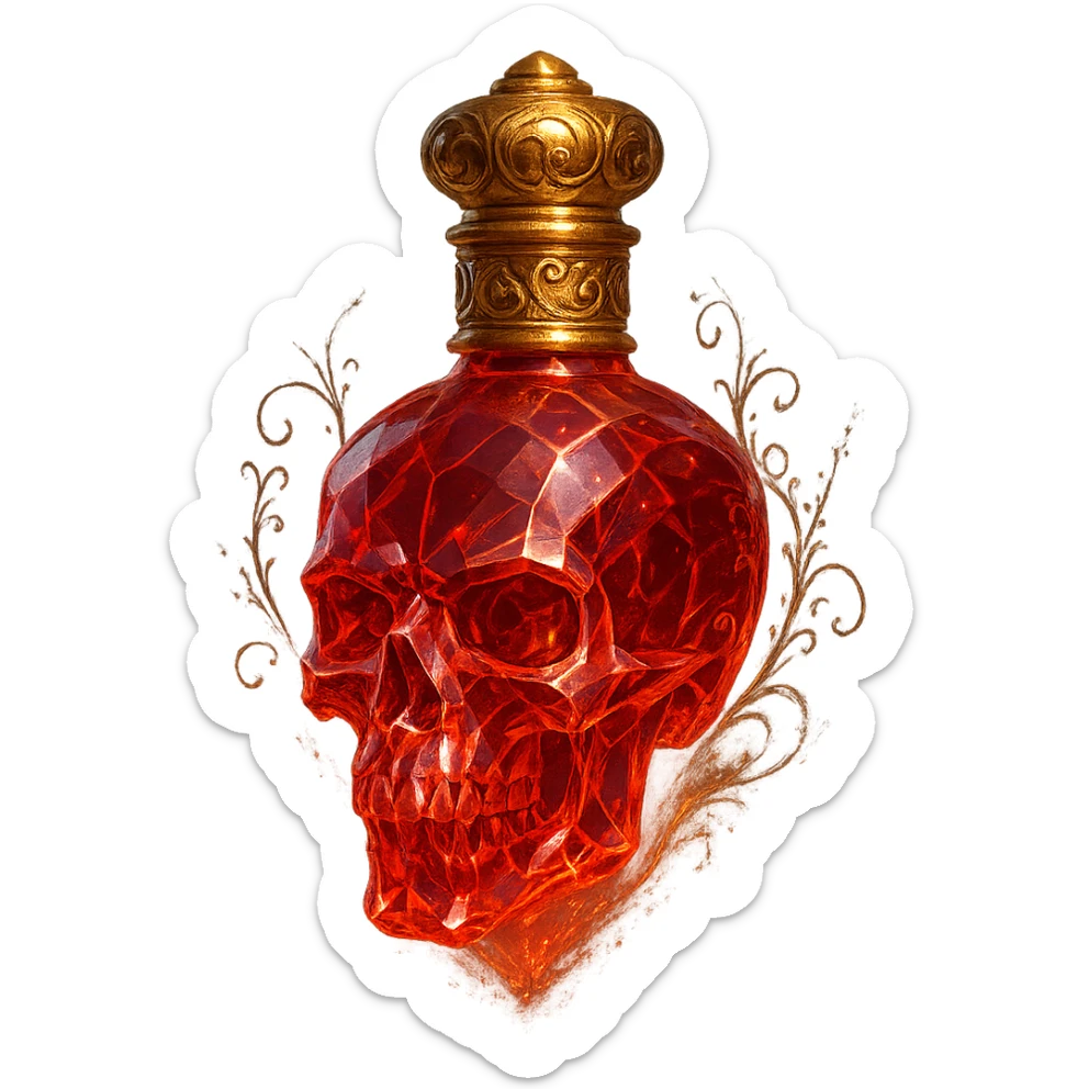 luxurious elixir bottle in the shape of a skull, red color with lots of glow, sharp edges, light refractions, golden neck and golden details, ornate decorations, magical effects, transparent background, beautiful merging bottom, bottle clearly hanging in the air without base or shadow, premium class impression, design matching a collection of crystal, luxurious, magical bottles sticker
