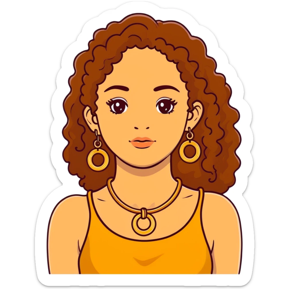 Attractive Greek woman with freckles, long curly amber-brown hair, gold hoop earrings and small necklace sticker