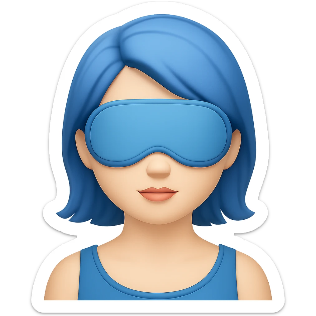 Create an Apple emoji style image of a woman with a sleep eye mask and blue hair, no pillow, no background. The style should resemble Apple emojis. sticker