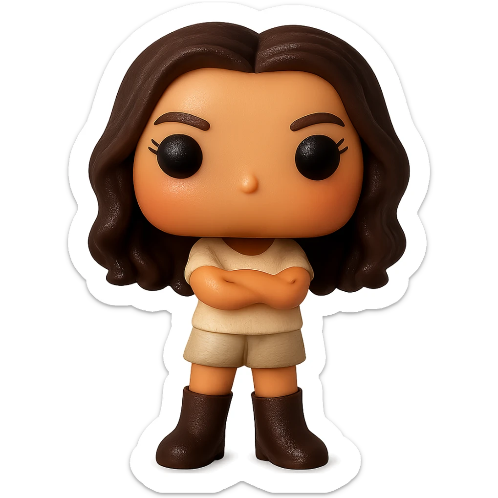 Enhance the quality of the image with smooth golden peach skin and a healthy glow, dark hair with subtle auburn highlights, even darker leather boots, textured clothing (cream top, greige bottom), arms crossed, rosy cheekbones, very subtle freckles, no neck visible, eyebrows with a mischievous and playful expression, no mouth, transparent background. Maintain the original style and details from the reference image. sticker