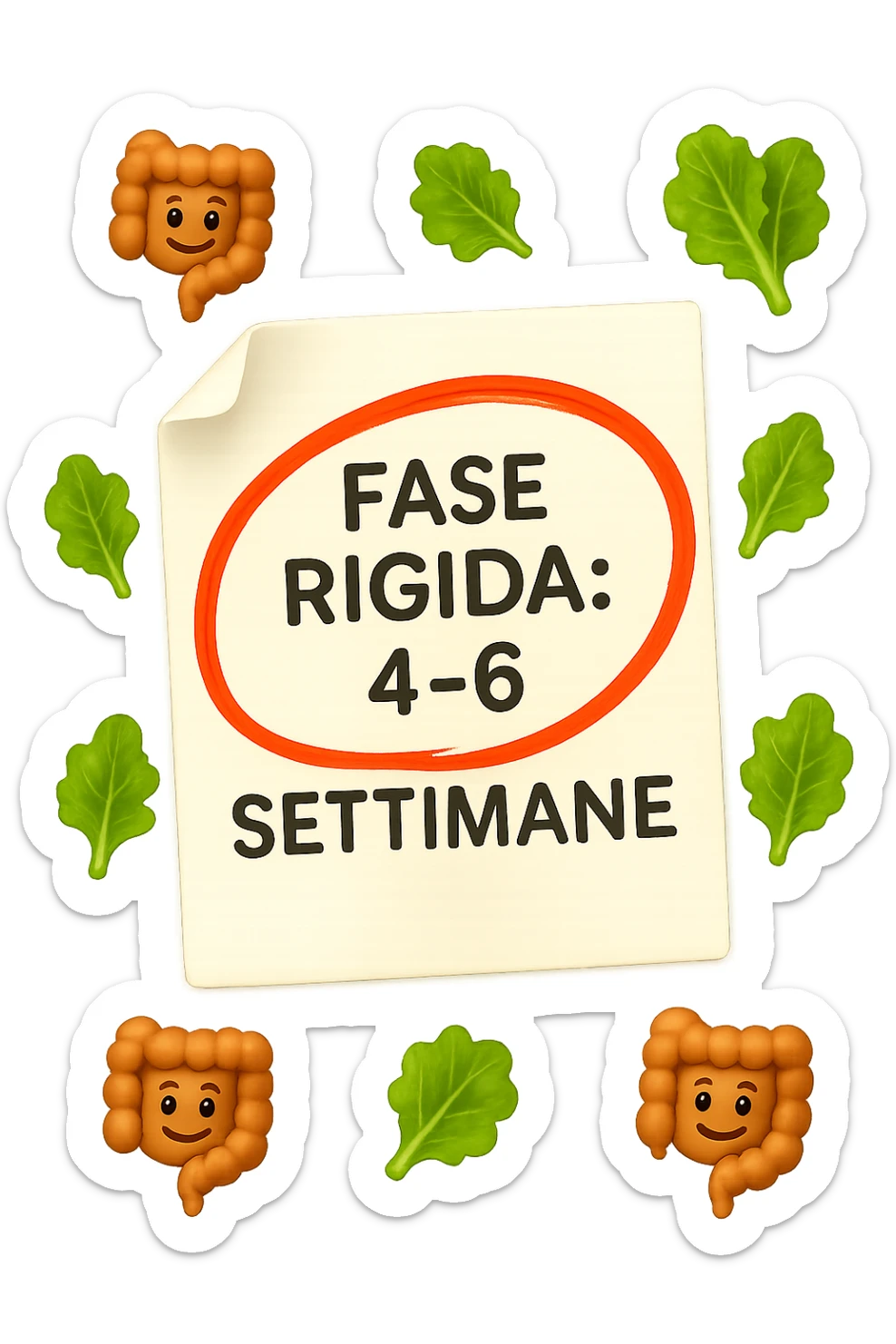 EMOJI STILE IPHONE DI UN foglio di carta fluttua in aria con la scritta "FASE RIGIDA: 4-6 SETTIMANE" CERCHIATA A PENNA IN ROSSO, ATTORNO AL FOGLIO FLUTTUANO PICCOLI TRATTI DI COLON UMANO IN STILE EMOJI E FOGLIE DI INSALATA, REALISTICA 4K sticker