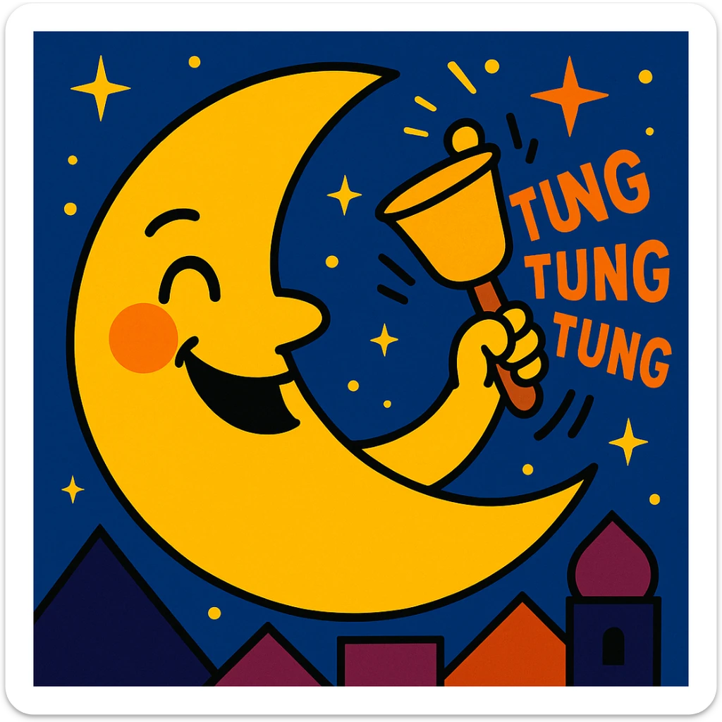 smiling crescent moon holding a bell with animated 'tung tung tung' sound lines, representing sahur announcement, fun and festive sticker