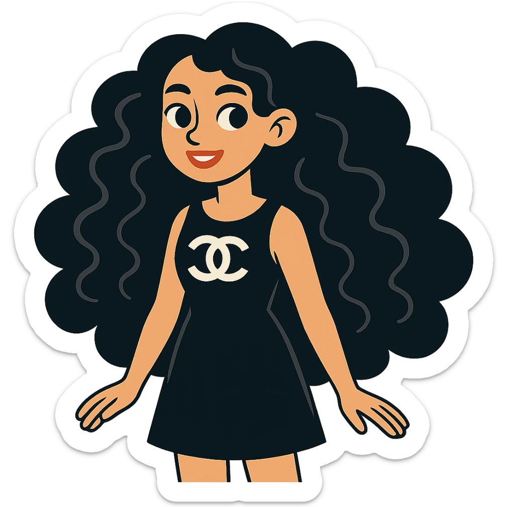 light skin girl with black very long curly hair, brown eyes, black Chanel dress, vibrant toon style sticker