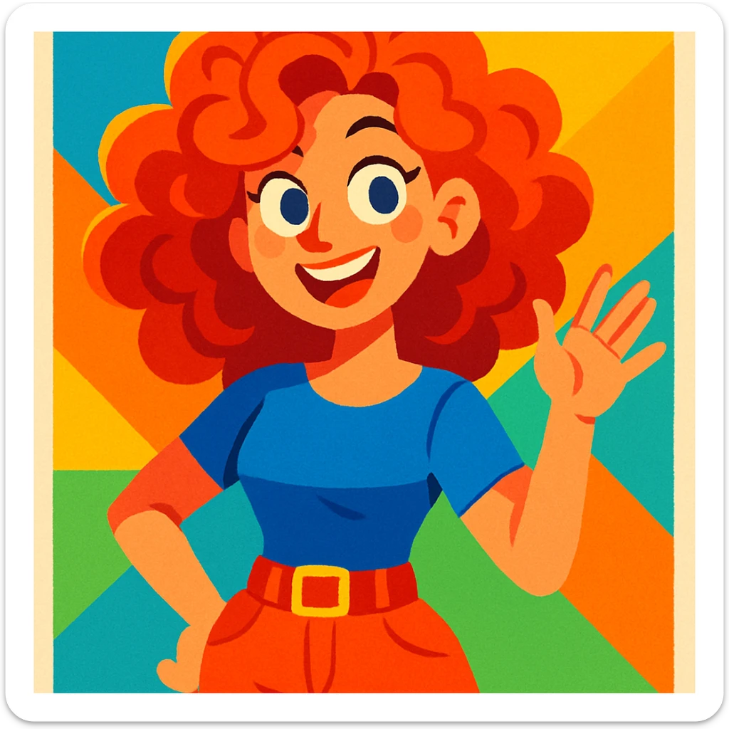 curly red-haired woman, vibrant cartoon style, bright and lively colors sticker