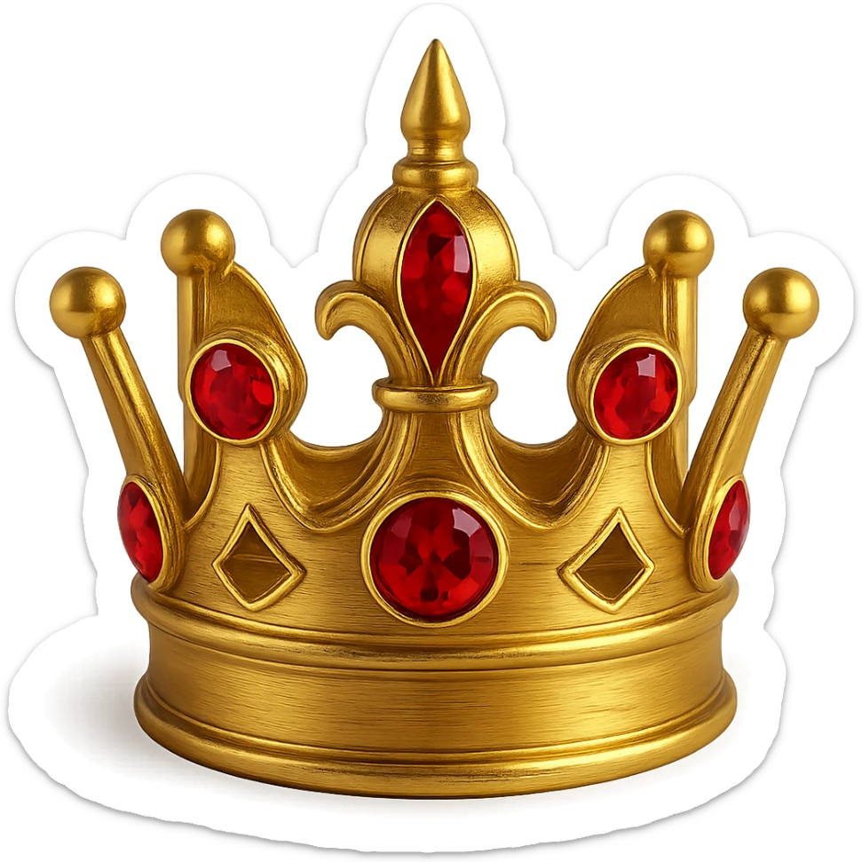 Add red jewels to the golden crown, keep the style detailed, shiny, elegant, with no background, maintain the golden crown's intricate and luxurious appearance with sparkling red jewels. sticker