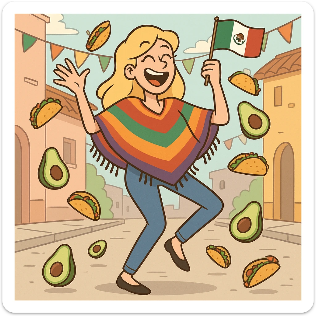 playful cartoon of a tall blonde woman, colorful poncho, smiling, holding taco and avocado, waving Mexico flag, dancing in the street, surrounded by tacos and avocados, street party scene sticker