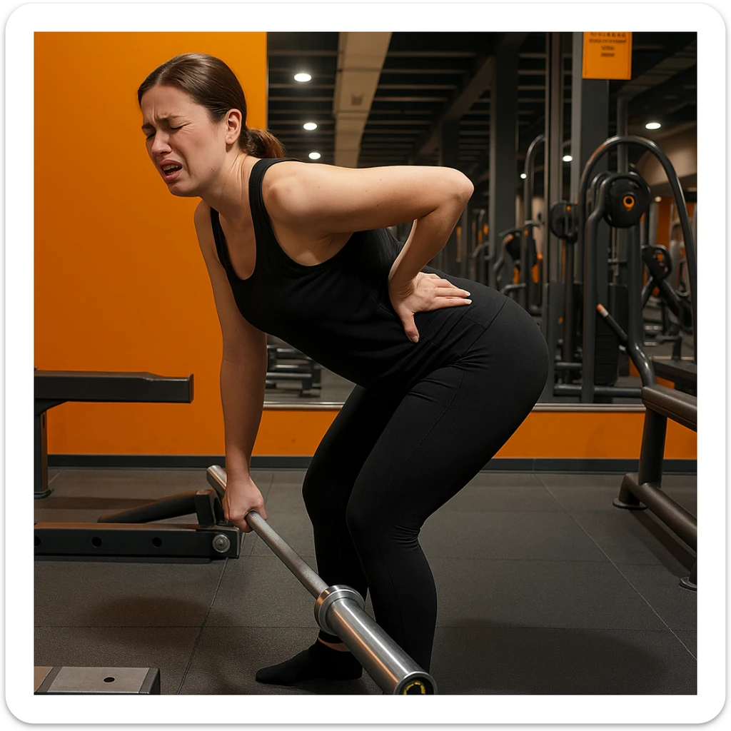 Edit the image of a less muscular woman performing a Romanian Deadlift (RDL) in a gym, side pose, wearing black sportswear, holding a barbell, with a strong back pain expression, one hand on the lower back, hyperrealistic 4K details, realistic gym environment. Variant 1. sticker