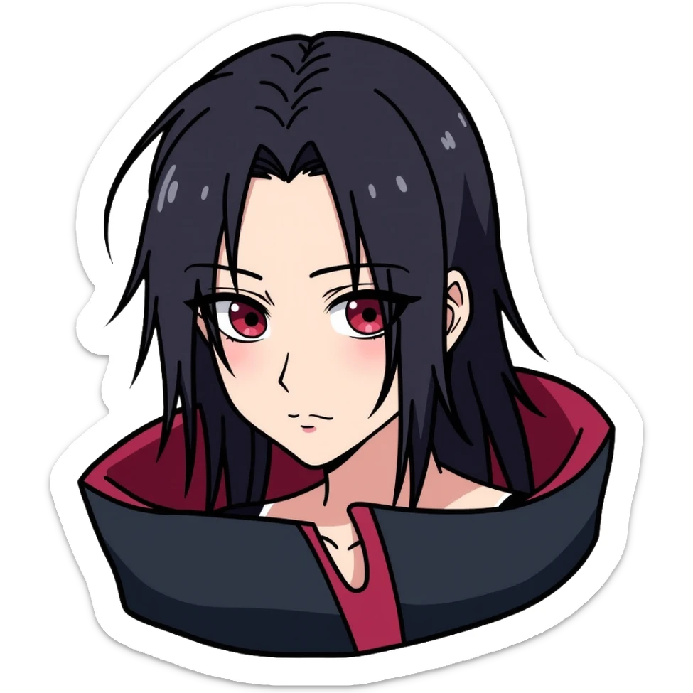 Itachi Uchiha with long black hair, Sharingan eyes, facial lines under his eyes, wearing Akatsuki cloak sticker
