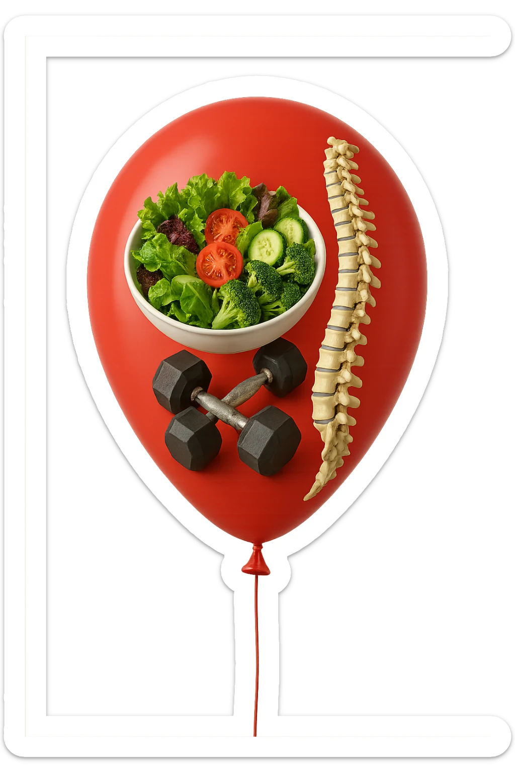 palloncino rosso con all'interno insalata, manubri da palestra e una spina dorsale anatomica realistica in 3d, isolato su sfondo bianco sticker
