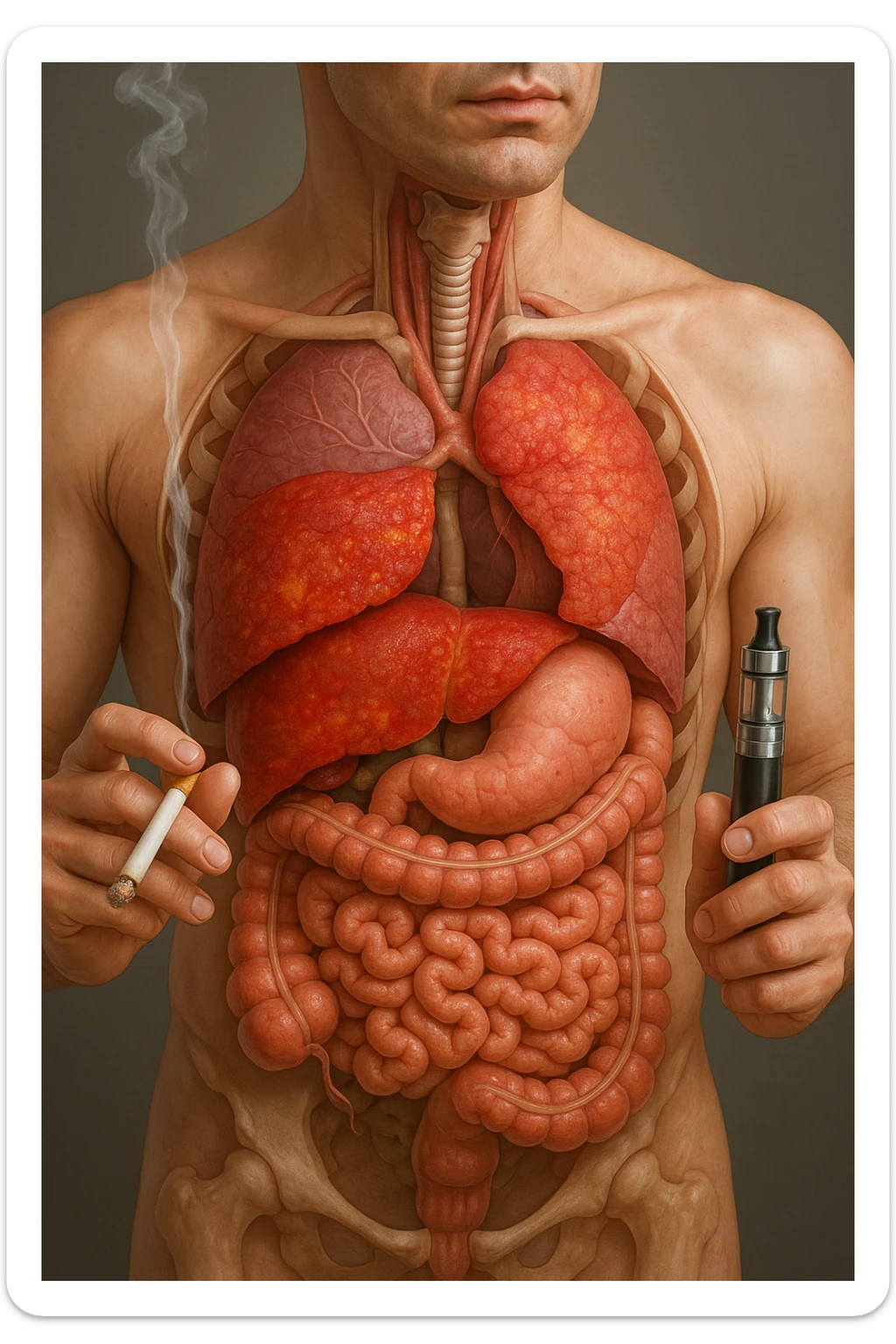 FANNE 10 CON LO STESSO IDENTICO STILE DEL CORPO UMANO CHE HO ALLEGATO , MA USANDO QUESTO COMANDO: A MEDICAL ILLUSTRATION OF A REALISTIC human body WITH INFLAMMED LIVER AND INTESTINE IN EVIDENCE, HOLDS A LIGHTED NORMAL CIGARETTE IN HIS RIGHT HAND, AN ELECTRONIC CIGARETTE IN HIS LEFT HAND IPERREALISTICA  4K sticker