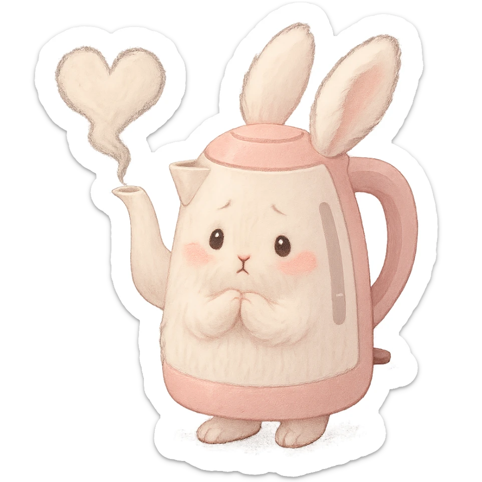 shy soft fluffy bunny electric kettle, steam heart, pastel white and pink, full-body sticker