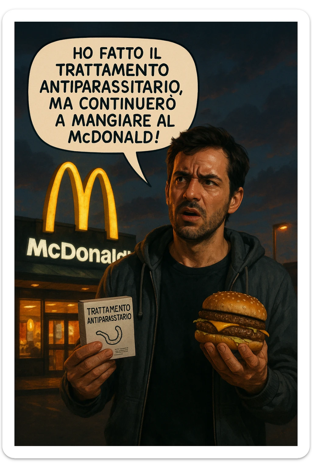 A realistic, cinematic illustration of a man in his early 30s with a confused yet stubborn expression, standing outside a McDonald's at dusk, holding a small box labeled 'Trattamento Antiparassitario' in one hand while holding a large McDonald's burger in the other. He is mid-sentence, saying 'Ho fatto il trattamento antiparassitario, ma continuerò a mangiare al McDonald!' in an expressive speech bubble. The man wears casual streetwear, and behind him, the McDonald's golden arches glow under a neon-lit sky. The mood is ironic and educational, highlighting the contradiction of doing parasite cleanses while continuing unhealthy fast-food habits. The style is realistic with slight illustrative clarity, emphasizing the message humorously while maintaining a serious undertone about lifestyle choices and health in italiano sticker