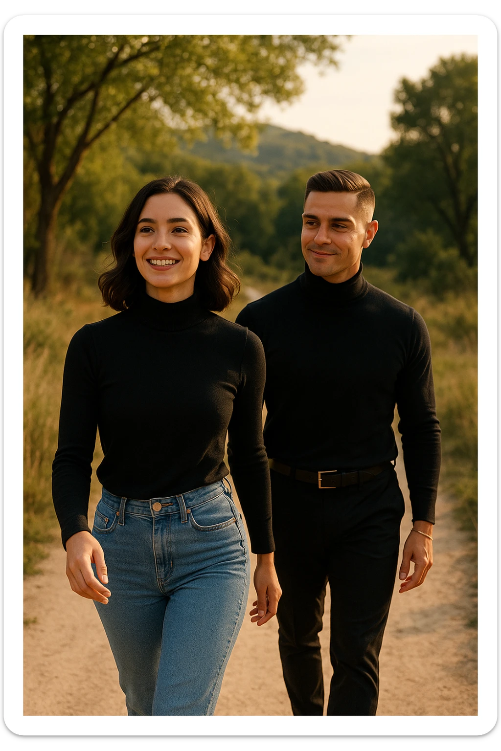 a man and a woman walk together along a winding path in a natural landscape. In one version, the woman leads confidently while the man follows a few steps behind, looking at lei con ammirazione. In un’altra versione, i ruoli sono invertiti, con l’uomo che guida e la donna che lo segue sorridendo. La scena trasmette l’idea che entrambi possano guidare o seguire, a seconda del momento. sticker