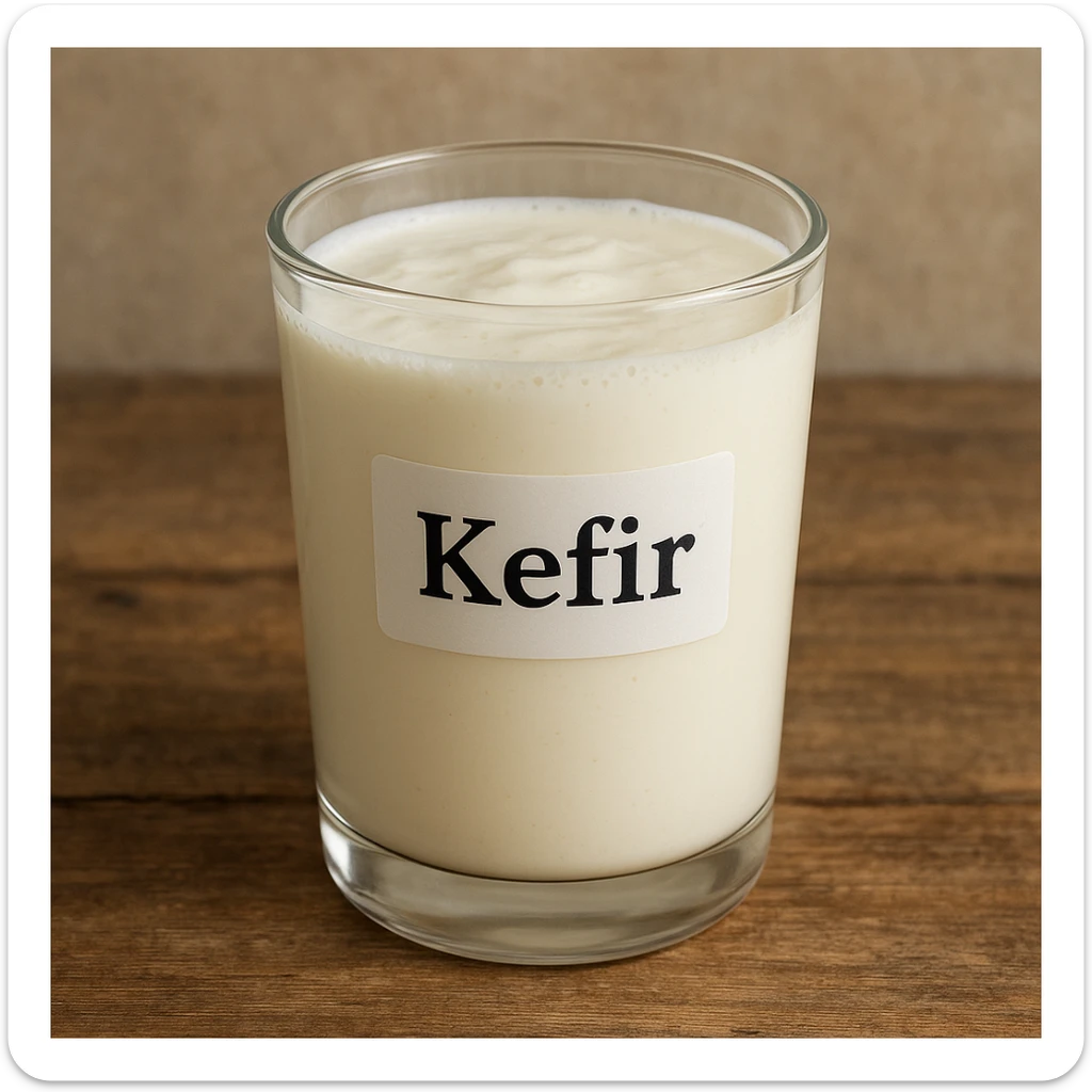 photo realistic glass of creamy white kefir with the label 'Kefir' in Italian sticker