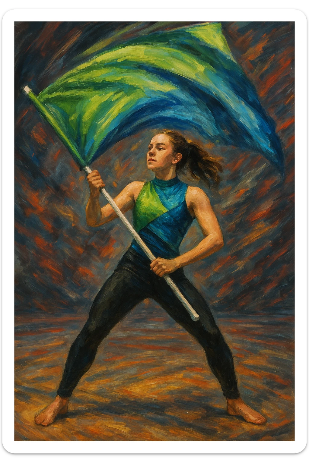 colorguard girl with a green and blue flag, black leggings, green and blue top, mid-performance, confident stance sticker