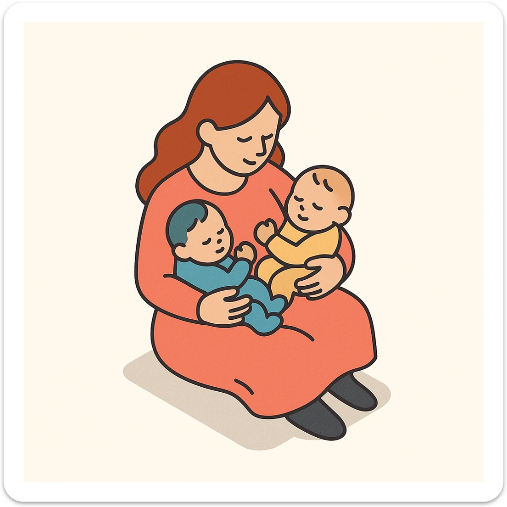 a mother sitting and holding two babies in her arms, warm and loving, 2D isometric illustration style sticker