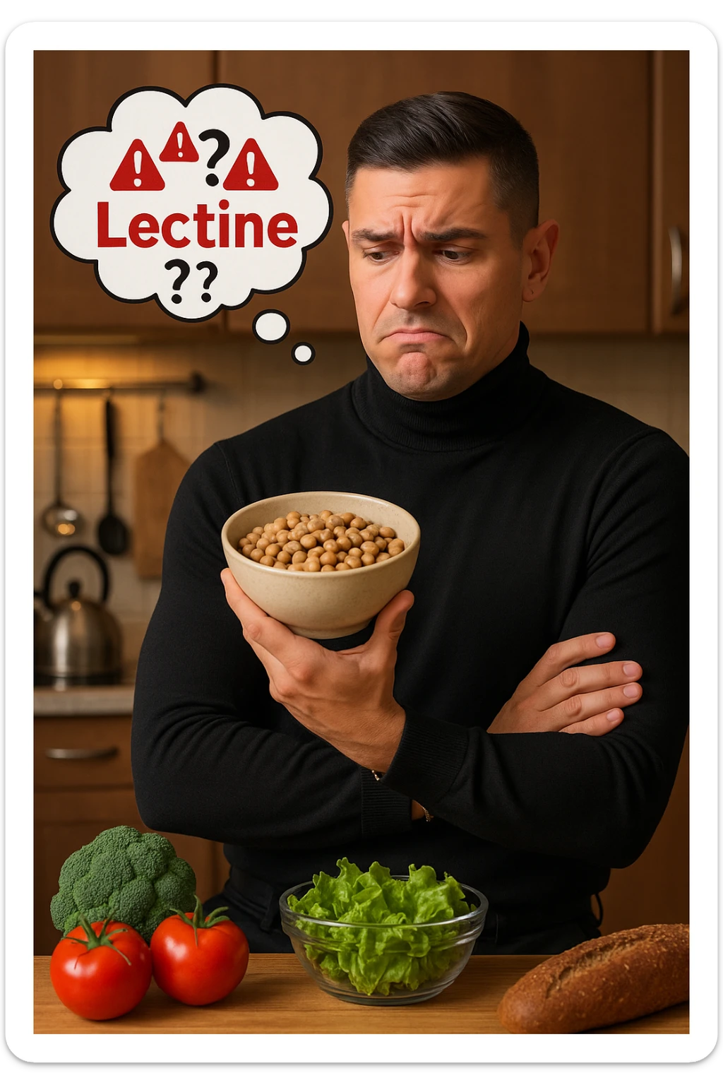 un uomo in cucina tiene in mano una ciotola di legumi (come fagioli o ceci) e li osserva con un’espressione dubbiosa e leggermente preoccupata. Sopra la ciotola, una nuvoletta di pensiero mostra la parola “Lectine” evidenziata in rosso, insieme a simboli di allarme o punti interrogativi. Sullo sfondo, altri alimenti salutari sono visibili sul tavolo, sottolineando il suo scetticismo verso i legumi. sticker