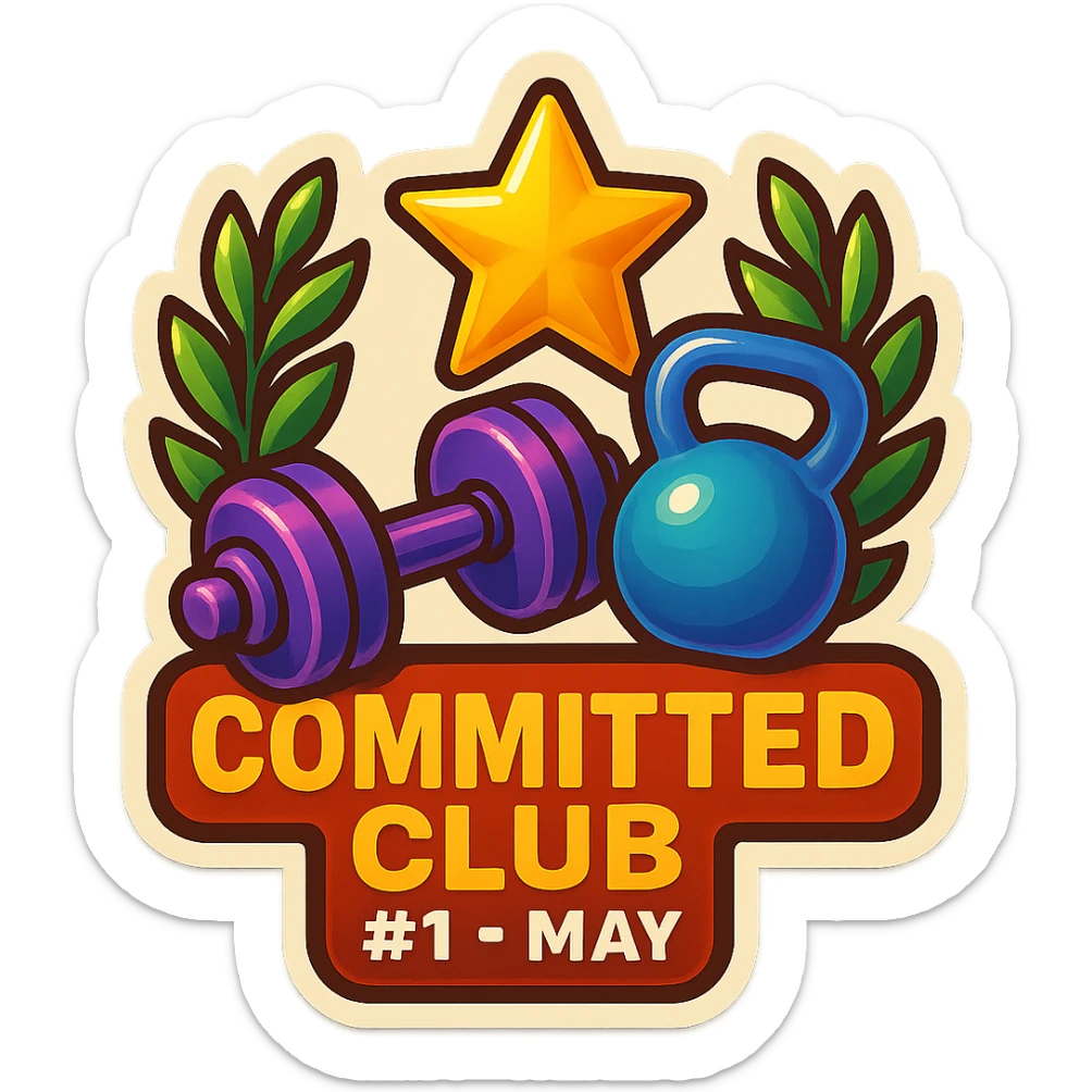gym sticker for the member with the most check-ins in May, featuring a star, laurel wreath, and gym equipment, with the text 'Committed Club #1 – May' in a bold, uplifting design sticker