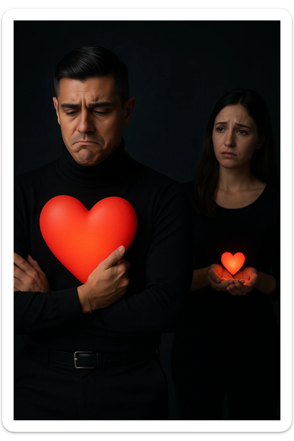 an Italian man in his 30s with olive skin and dark hair stands apart from a woman who offre un piccolo cuore luminoso tra le mani. Lui guarda il cuore con un’espressione triste e insoddisfatta, tenendo tra le braccia un cuore molto più grande e brillante, mentre la distanza tra loro è accentuata da luci soffuse e ombre. sticker