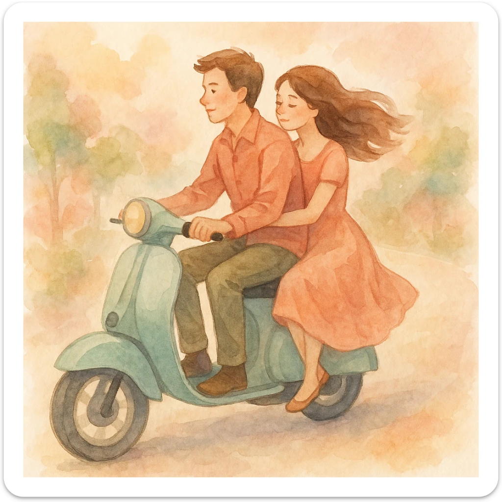 watercolour style illustration of a couple riding a scooter, soft colors, romantic atmosphere sticker