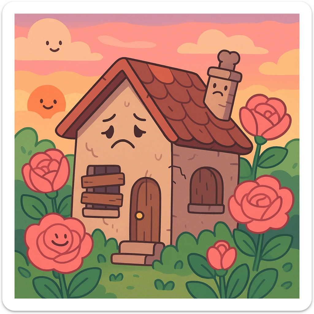 shabby house surrounded by pink roses, sunset sky, pastel tones, cozy and inviting sticker