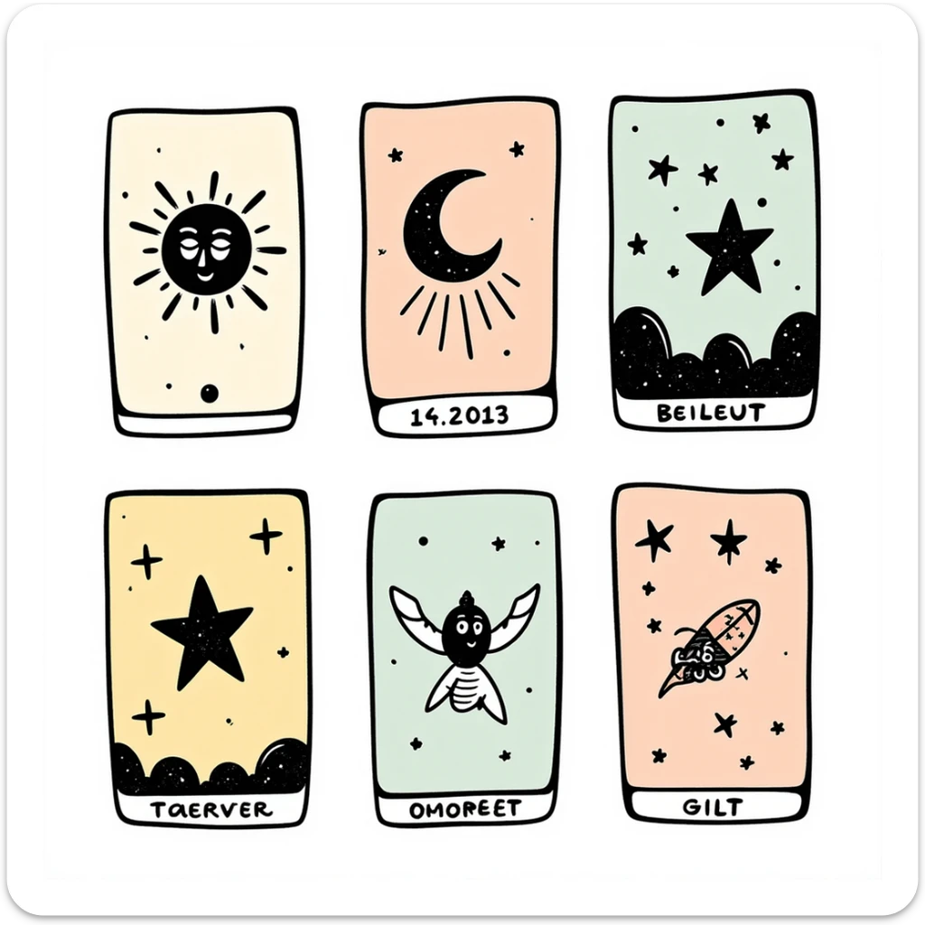 Tarot cards with mystical symbols in pastel colors (dd9fb0, ffc6d3, a3bfc9, c4bee2, f1b091), hand-drawn doodle style sticker