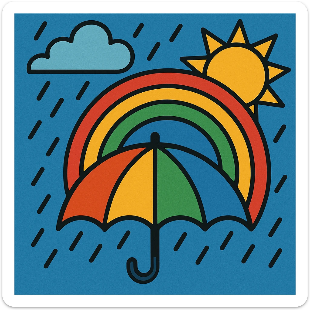symbolic image of an umbrella under the rain with a rainbow and the sun coming out, inspired by the saying 'after the storm always comes the sun' sticker