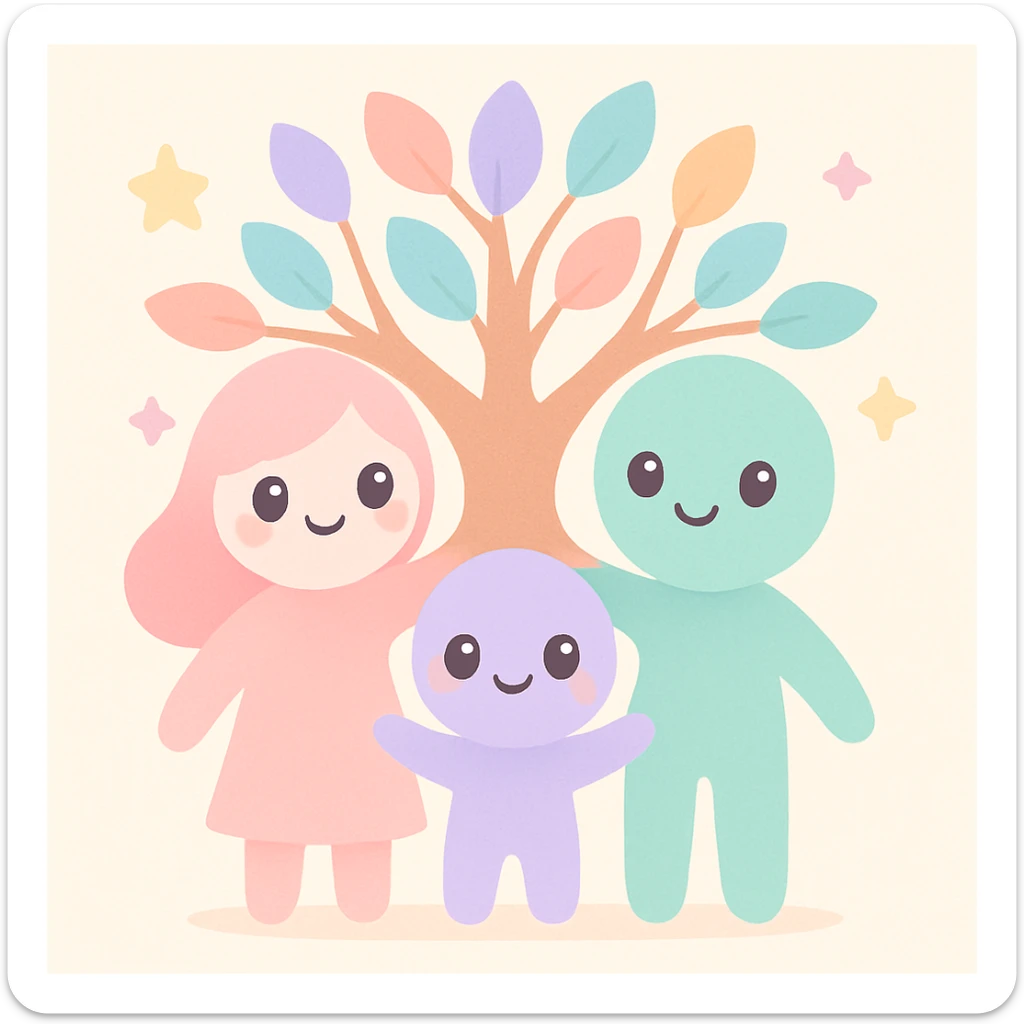 a family of three figures standing together, their bodies and arms forming the trunk and branches of a tree, warm inviting style sticker