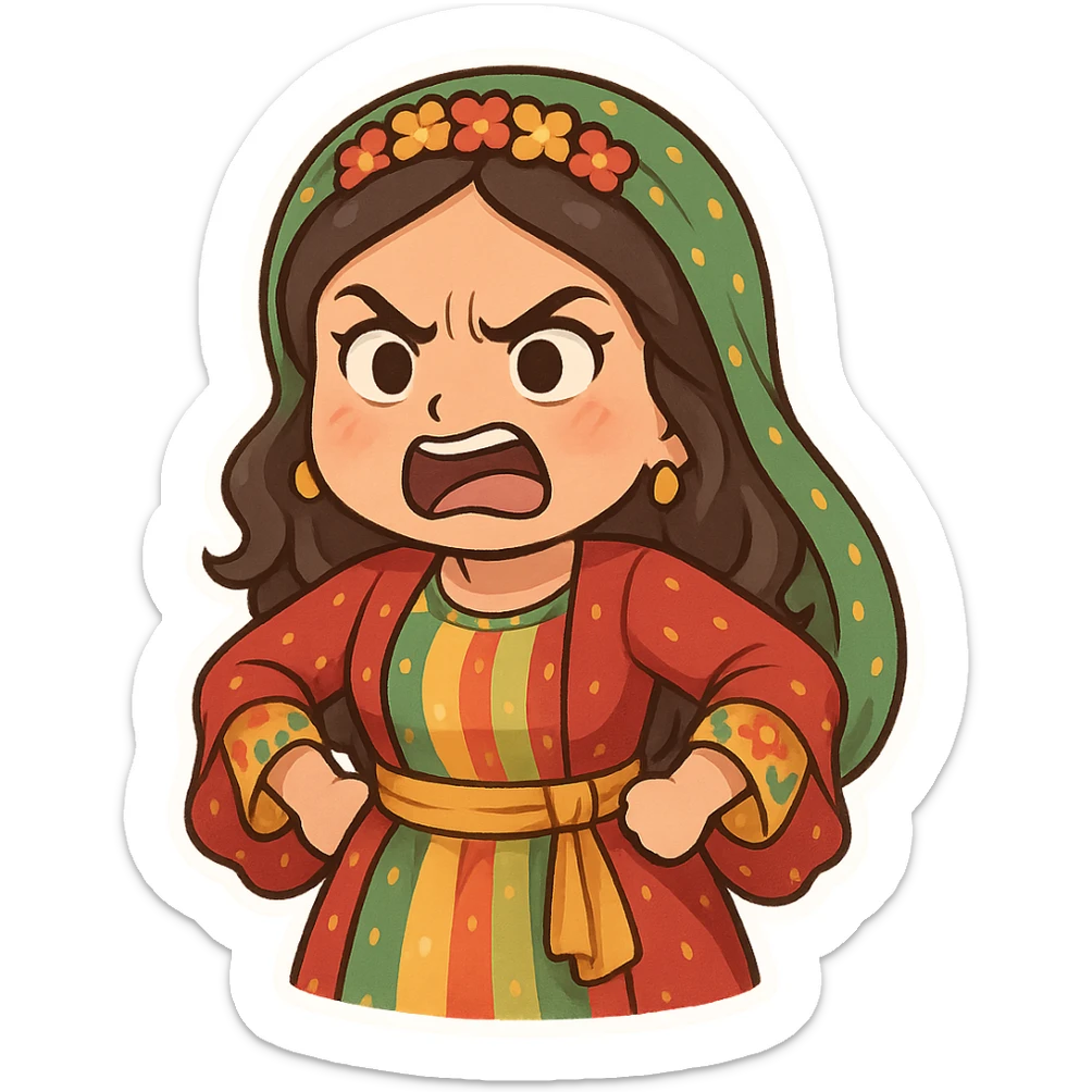 Cartoon sticker of a Kurdish woman wearing traditional colorful and cheerful Kurdish female clothing, face showing anger and rage, hands on hips and body slightly leaning forward as a sign of protest or argument, no shadow or color halo around the image, no text, suitable for WhatsApp and Instagram, with a completely transparent background. sticker
