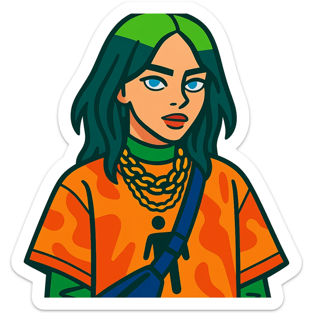 Billie Eilish with blue eyes, green roots, unique fashion, vibrant toon style sticker