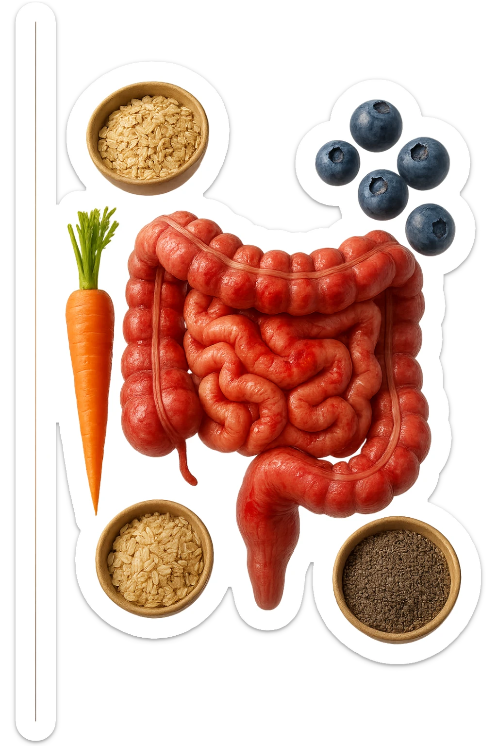 intestino umano anatomico infiammato al centro con carota, bowl di avena, mirtilli, bowl di semi di chia che gli fluttuano intorno , iperrealistico 4k sticker