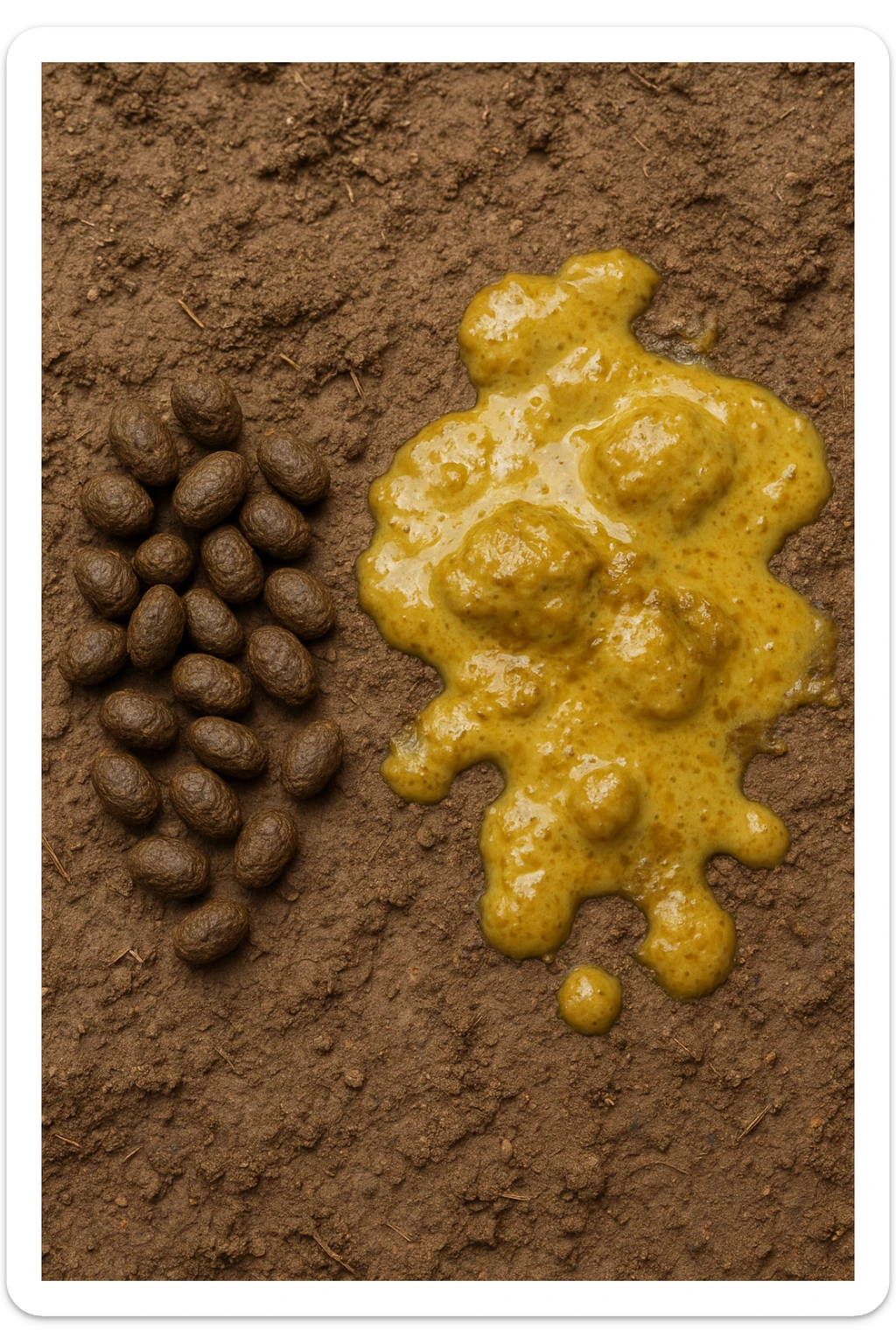 feci di animale a palline viste dall'alto e feci di animale liquide e gialline viste dall'alto, iperrealistico 4k sticker