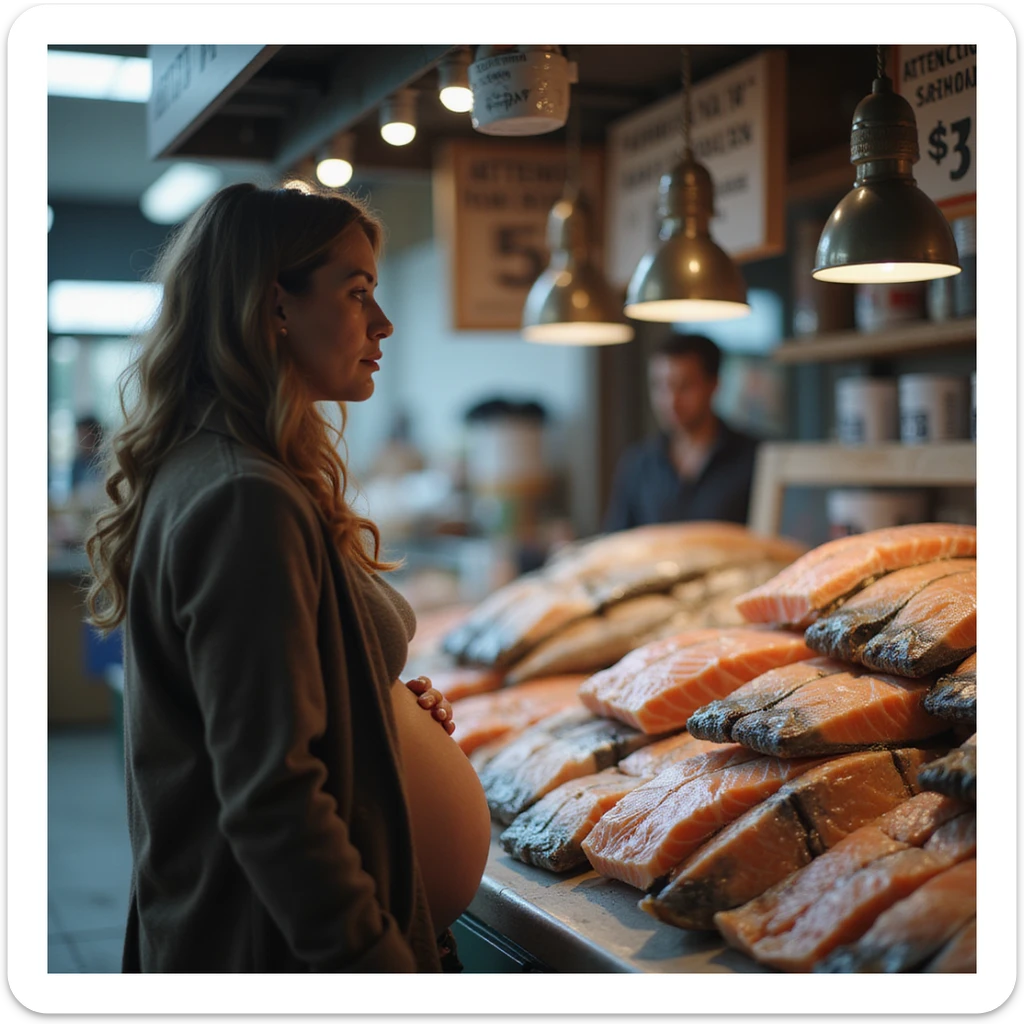 realistic pregnant woman in 4K talking to a fishmonger in front of a sign that says: 'Attention, consuming raw salmon may pose risks during pregnancy' sticker