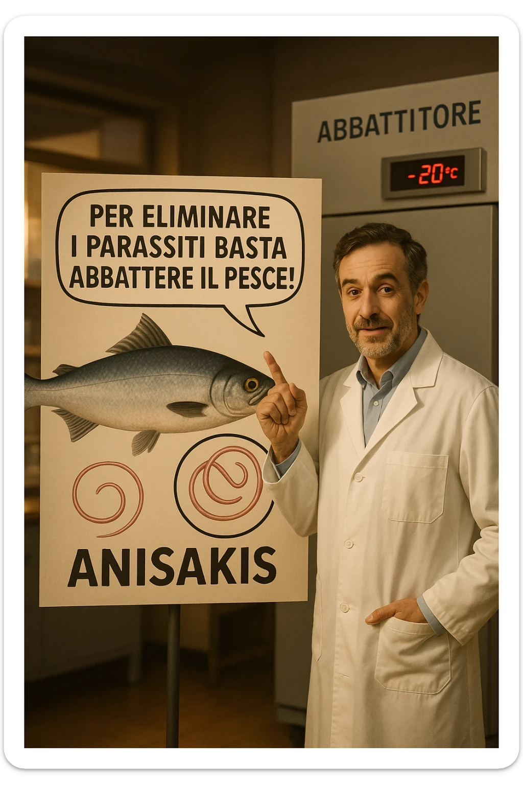 cinematic a scientist in a white lab coat stands beside a large poster showing a fish and a diagram of the Anisakis parasite. The scientist points to a speech bubble that says, “Per eliminare i parassiti basta abbattere il pesce!” In the background, a blast freezer is visible, with a temperature gauge set to -20°C. The mood is informative and reassuring. In italiano sticker