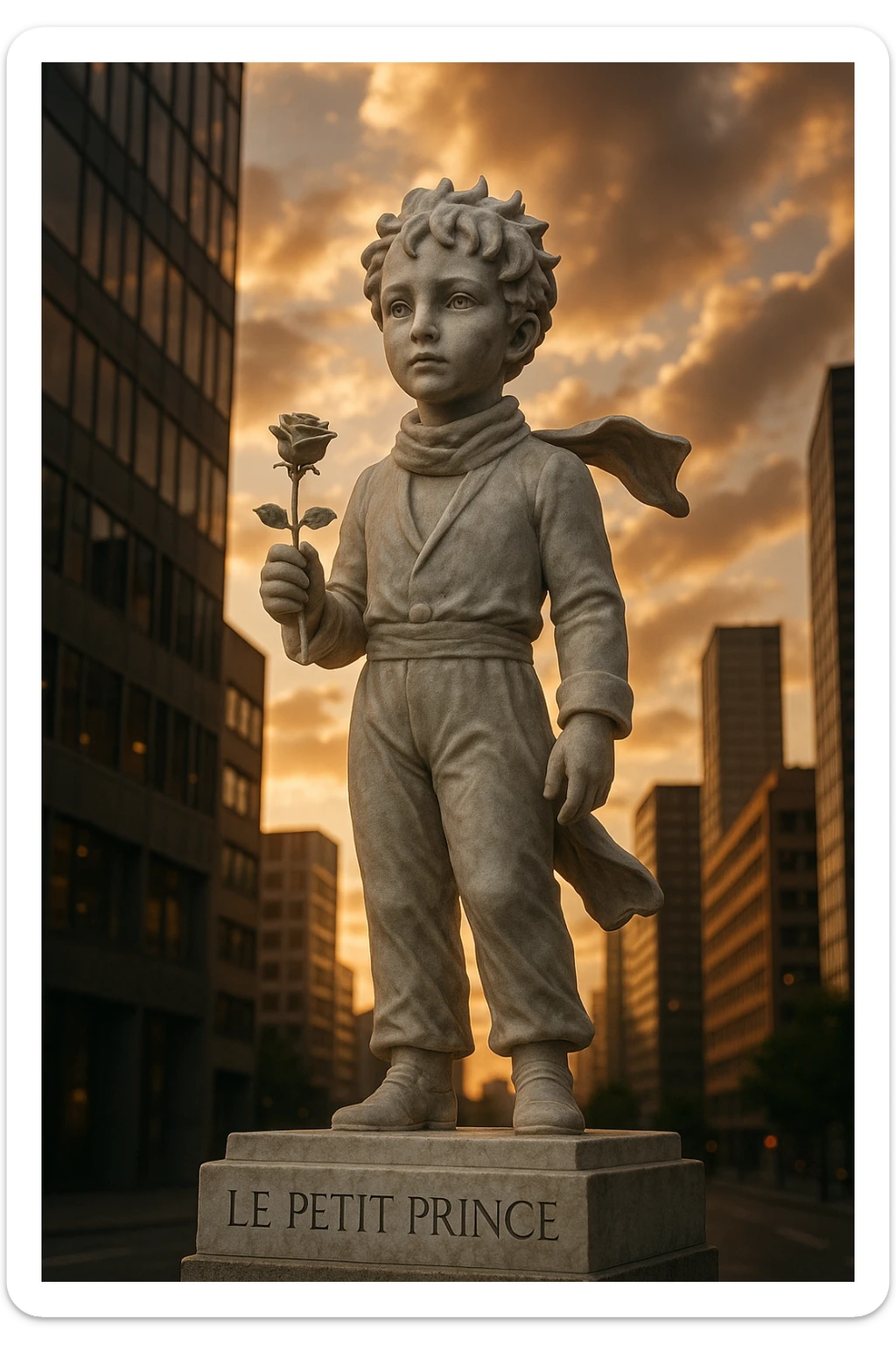 Ultra-realistic marble statue of the Little Prince with a rose in his hand, standing in a modern city. Pedestal engraved with [TEXT]. Sunset, dramatic low-angle view. sticker