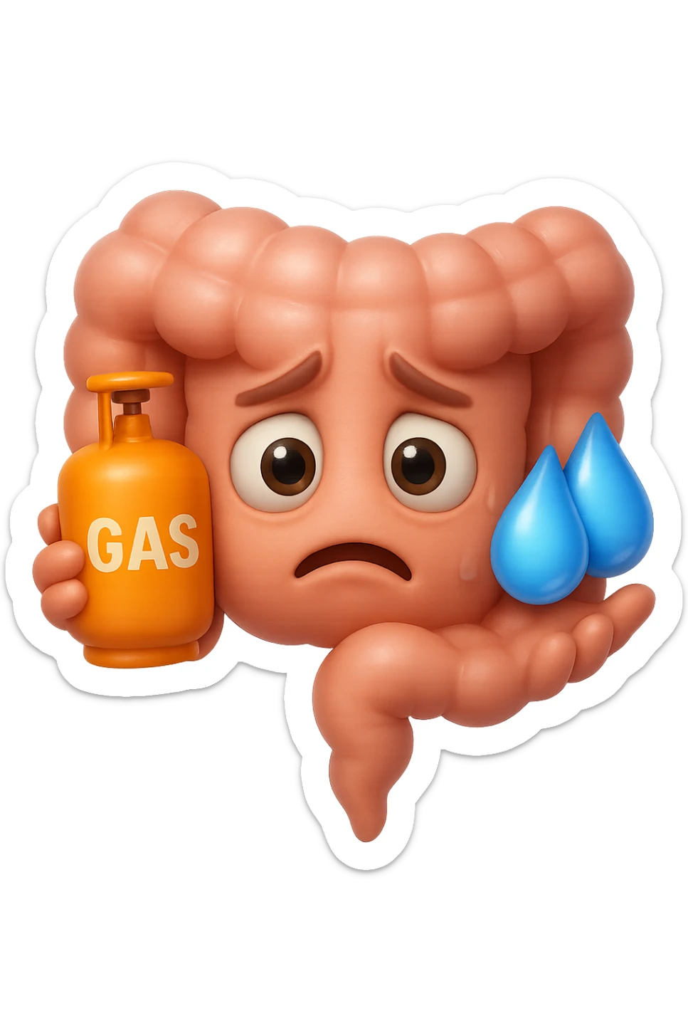 EMOJI STILE IPHONE DI un'intestino preoccupato che ha una bombola di gas con la scritta "GAS" SOPRA in mano e due gocce di acqua in 3d nell'altra mano, IPERREALISTICO 4K sticker