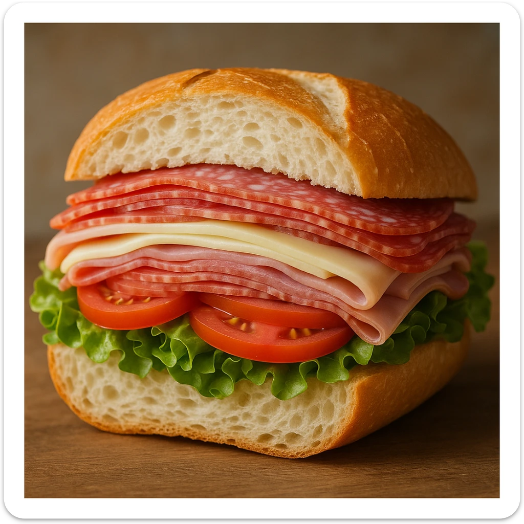 a classic Italian sub sandwich, cut in half to show fillings, with salami, ham, cheese, lettuce, and tomato sticker