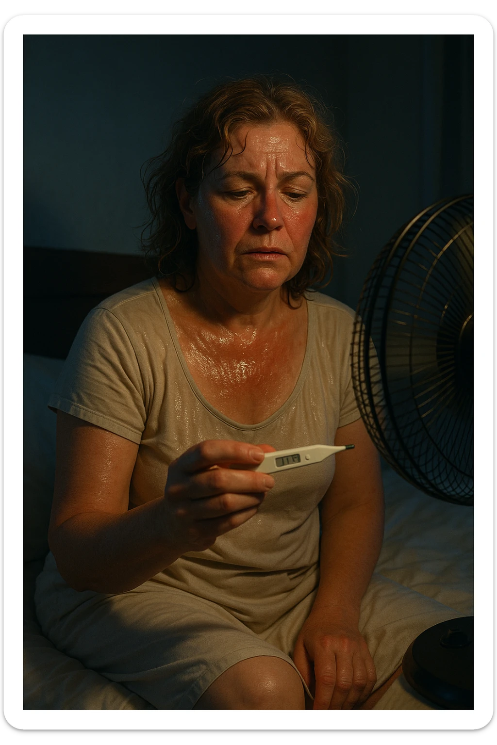 50-year-old woman sitting on bed at 3AM, nightgown soaked in sweat, face flushed as she holds thermometer showing 37.8°C, fan blowing directly on her sticker