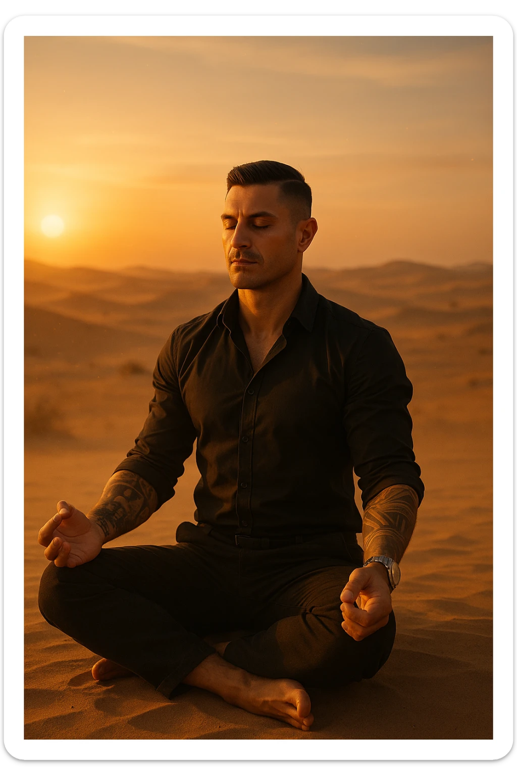 Man meditating alone in the desert at golden hour, sitting in a calm but grounded posture, radiating calm and powerful masculine energy. Minimalist surroundings, soft wind, dust in the air. Peaceful expression, symbolic of self-mastery and inner strength. Cinematic style. sticker