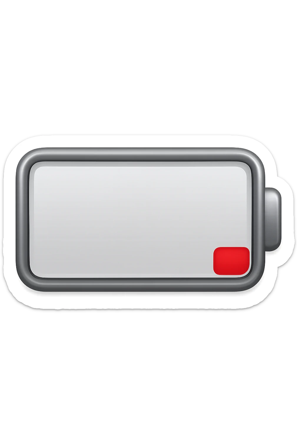 iPhone-style emoji of a battery that is almost empty, with a red bar at the end indicating low energy. Clean, minimal, glossy look, transparent background. sticker