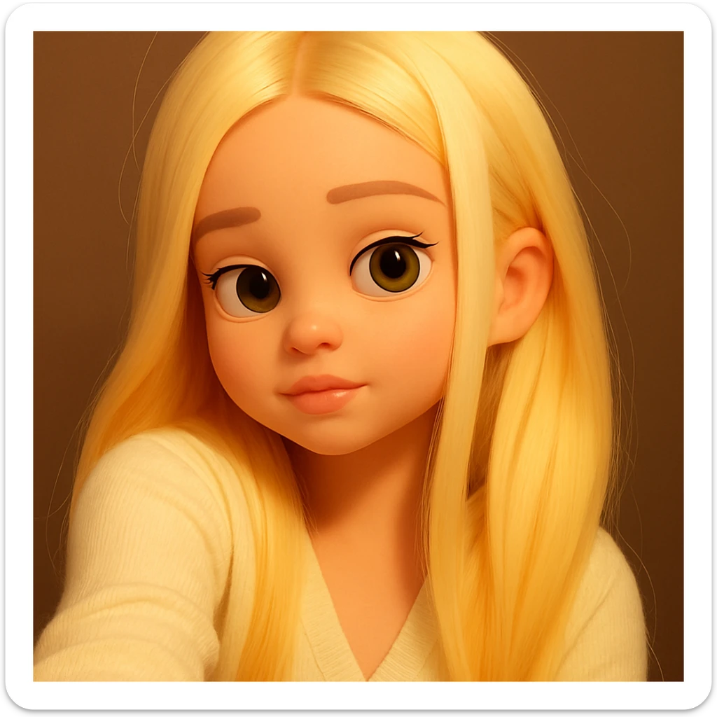 Make the image taller upwards to fully show the hair at the top and add background above, keep the same beautiful eyes and do not change the girl, preserve the 3d-emoji style sticker