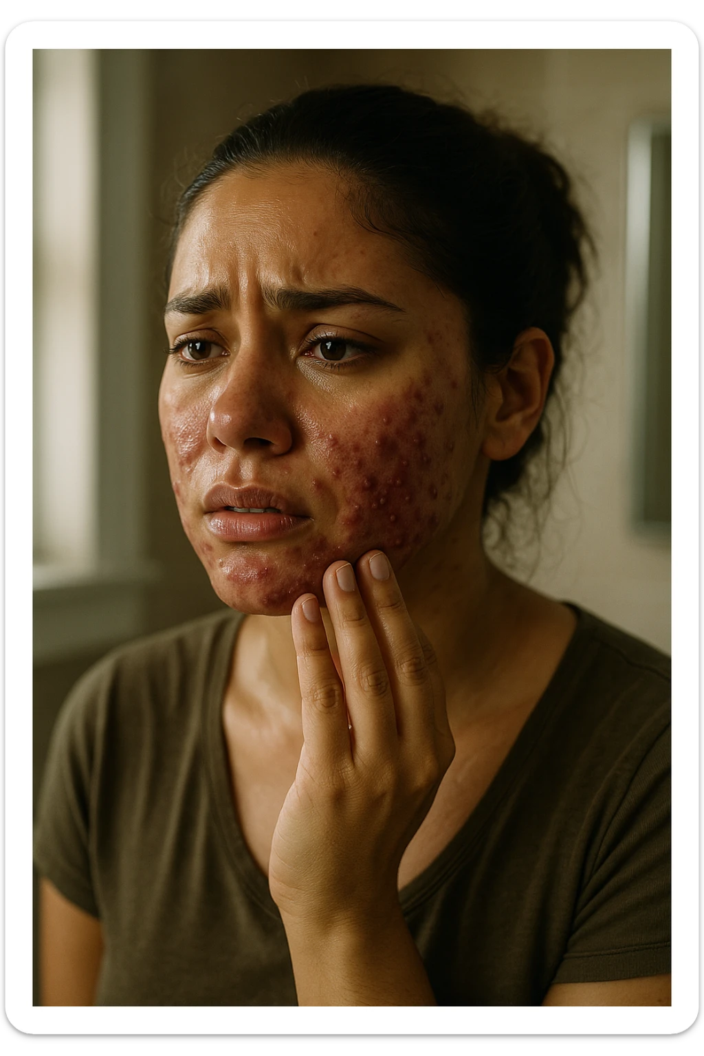 A highly realistic, cinematic portrait of a young woman in her late 20s with medium skin tone, showing visibly inflamed, deep cystic acne along her jawline, cheeks, and chin. Her skin appears red and irritated around the acne nodules, with noticeable swelling and tenderness, illustrating the painful nature of cystic acne linked to PCOS. Her facial expression shows discomfort and emotional distress, with slightly teary eyes as she gently touches an inflamed area on her jawline with her fingertips. Her hair is pulled back to clearly show the acne areas, and her skin has a slightly oily texture due to androgen-related sebum overproduction. The environment is a softly lit bathroom with neutral daylight, emphasizing the skin texture, redness, and deep acne. The style is realistic, 35mm cinematic photography with warm, neutral tones, soft shadows, and clear skin detail, providing a compassionate yet direct visualization of PCOS-related cystic acne sticker