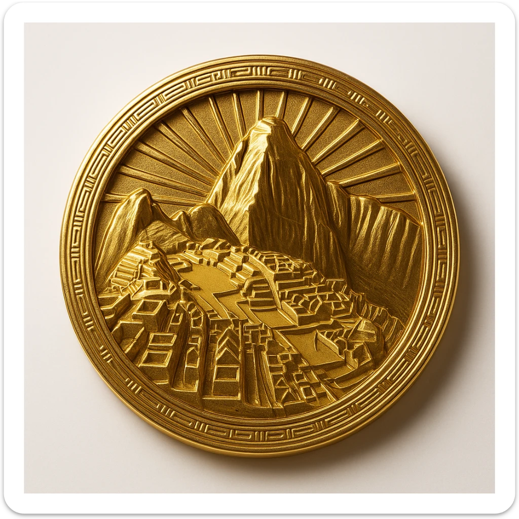 circular logo with Machu Picchu and sun rays, gold and terracotta colors, strong silhouette, Inca-inspired sticker