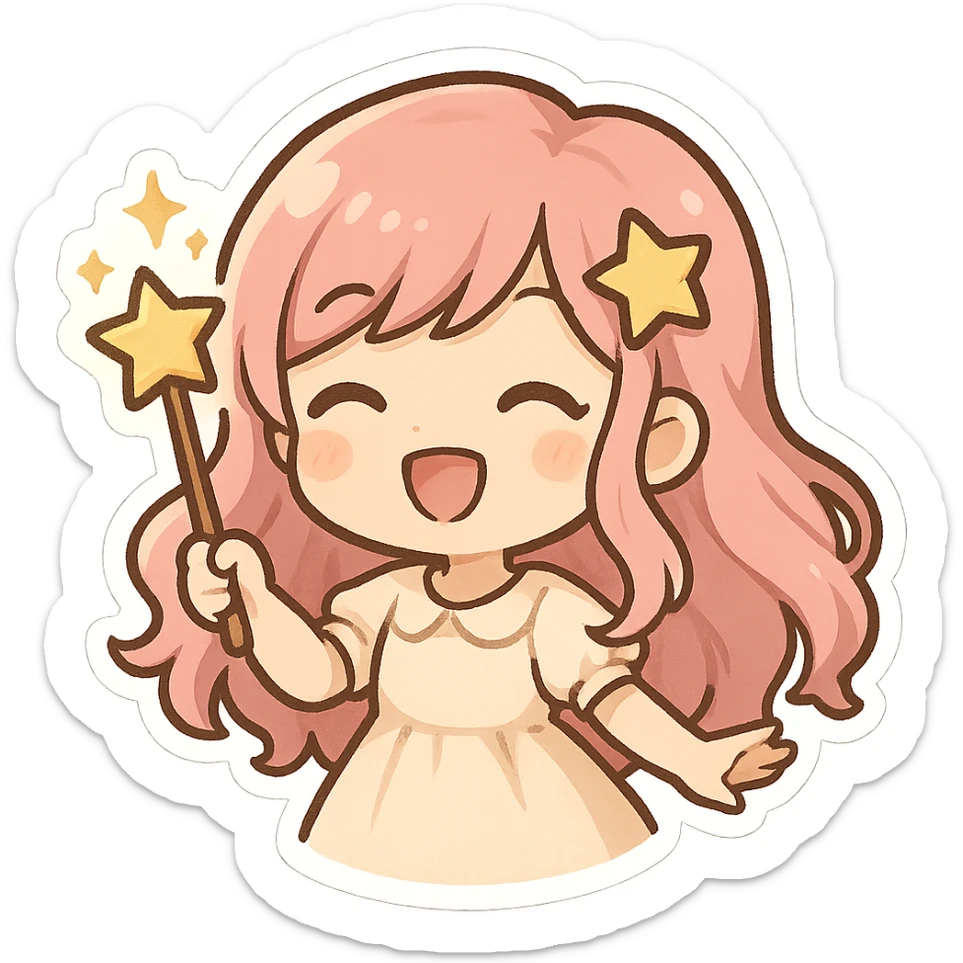 girl with pink hair and a star wand, magical and smiling, chibi stickers style sticker