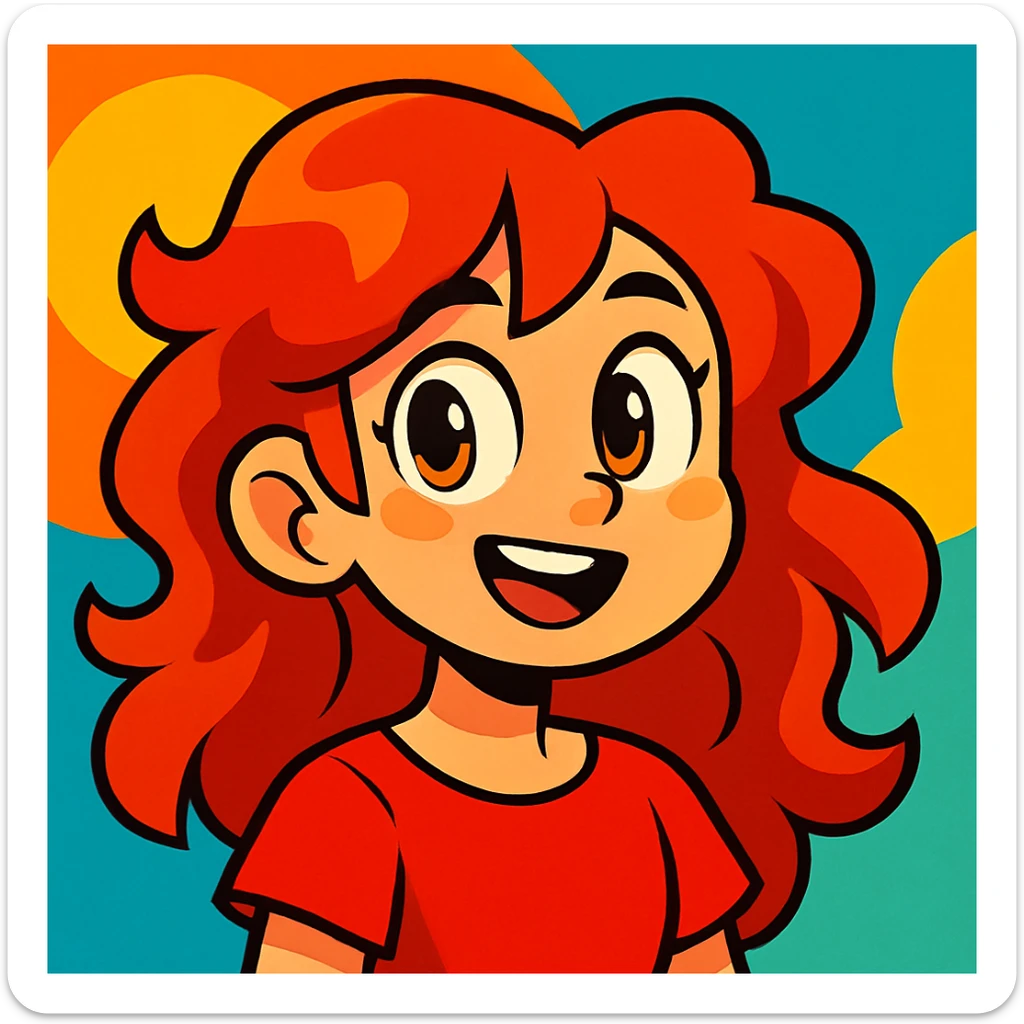 a girl with red, wavy hair, amber eyes, wearing a red top, vibrant cartoon style sticker