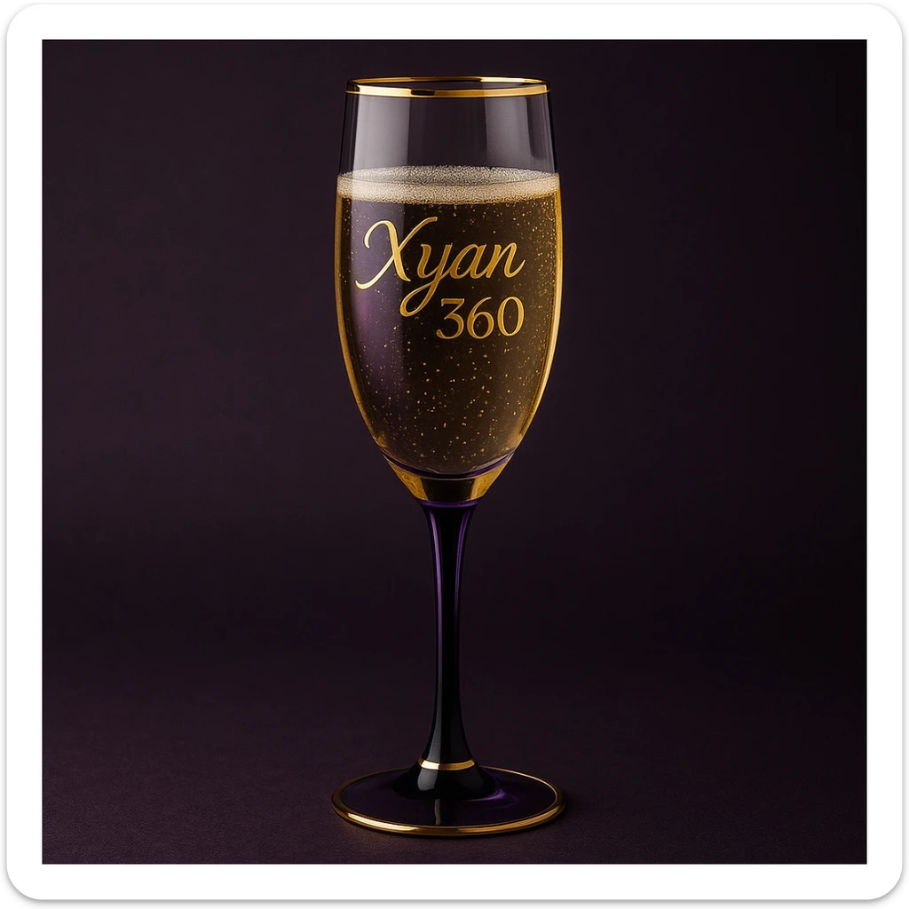 champagne glass with 'Xyan 360' etched in gold, purple and black accents, sophisticated and celebratory sticker